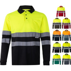 Velilla VL VULCAN LARGE. Two-tone bird-eye polo shirt (160g/m&sup2;) with long sleeves, in polyester (100%)