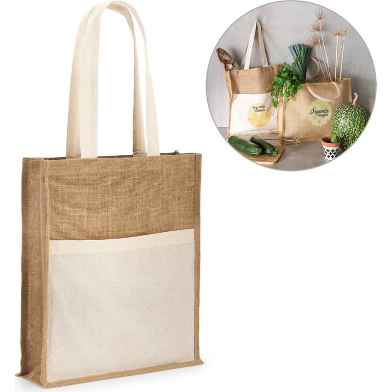 BRAGA. Jute bag (240 g/m²) with pocket in 100% cotton (140 gm²)